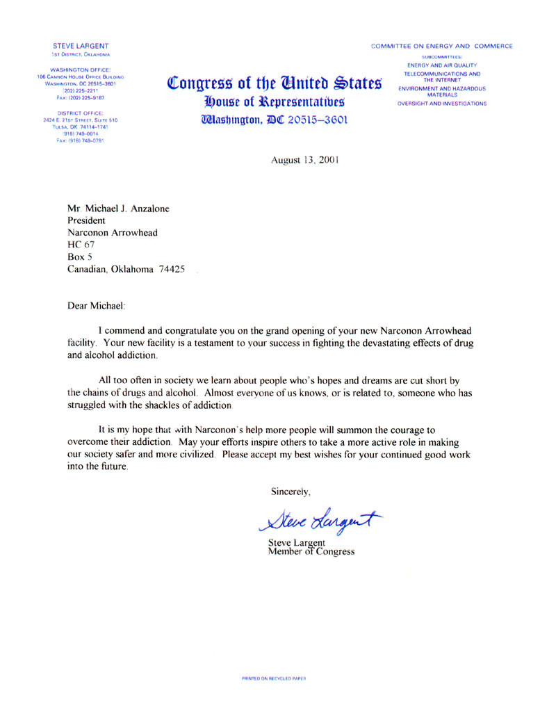 Narconon Congratulated by United States Congressman